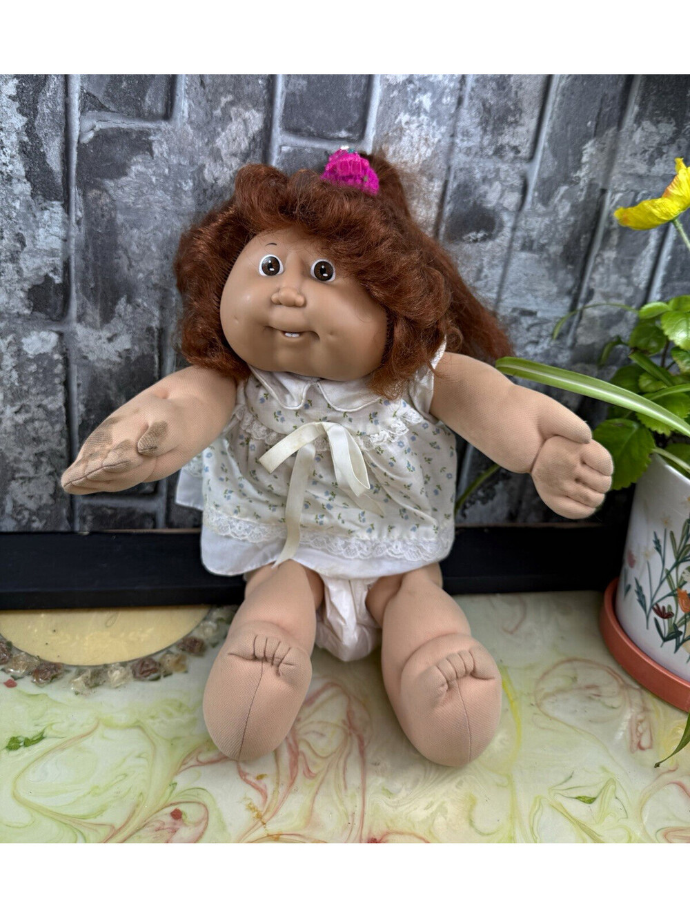 Vtg Cabbage Patch Kids 18in Soft Body Doll Auburn Curly Hair Brown Eyes Signed